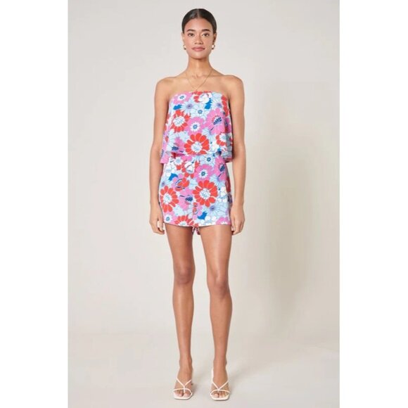 Sugarlips Berry Mix Floral Strapless Romper Size Large Retro Pink Blue White - Picture 10 of 10